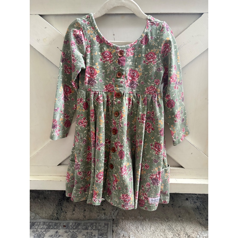 SweetHoney Girls 4T Sage Green Floral Button Front Pocket Twirl Dress